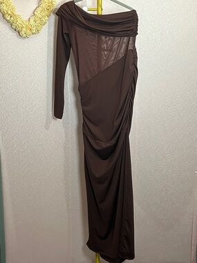 ASOS One-Shoulder Chocolate Brown Draped Maxi Dress